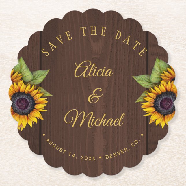 Rustic sunflowers brown wood wedding save date paper coaster (Front)