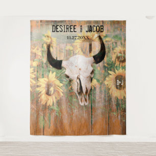 Rustic Sunflowers Bull Skull Western Photobooth Tapestry