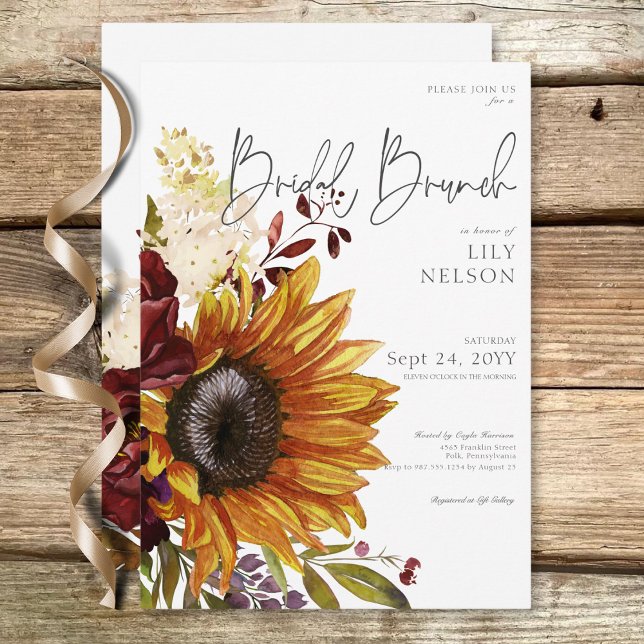 Rustic Sunflowers & Burgundy Floral Bridal Brunch Invitation (Rustic Sunflowers & Burgundy Floral Bridal Brunch Invitation)