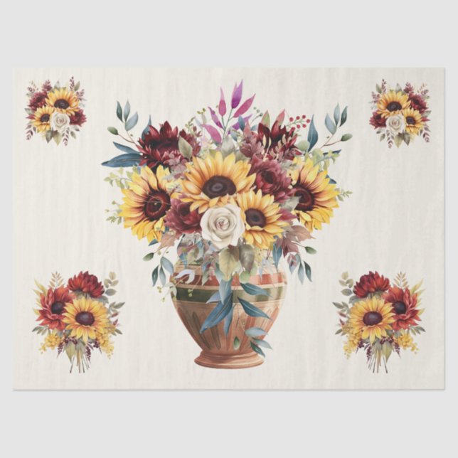 Rustic Sunflowers & Burgundy Florals  Decoupage  Tissue Paper (Front)