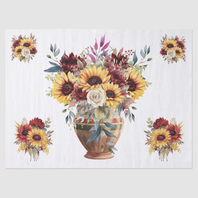 Rustic Sunflowers & Burgundy Florals  Decoupage  Tissue Paper (Front)