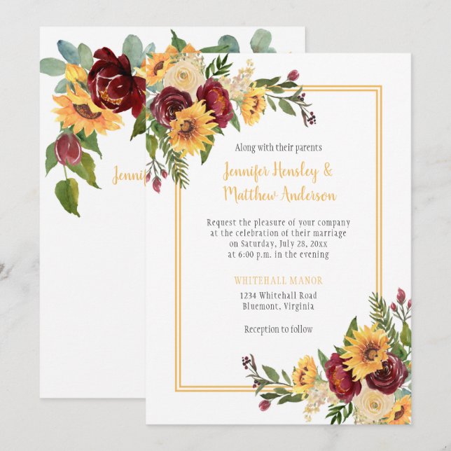 Rustic Sunflowers & Burgundy Peonies Roses Wedding Invitation (Front/Back)