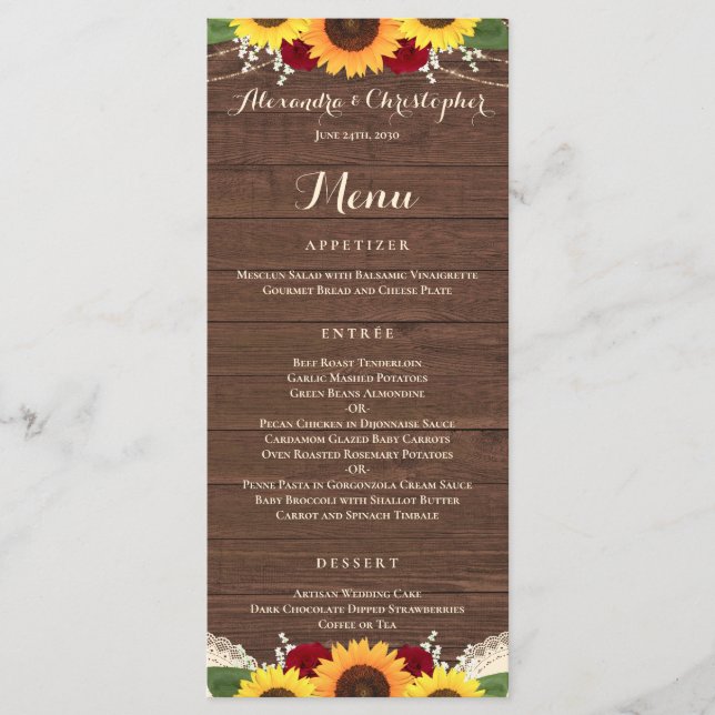 Rustic Sunflowers Burgundy Red Roses Wedding Menu (Front)