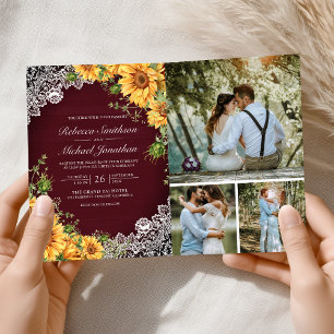 Rustic Sunflowers Burgundy Wood QR Code Wedding Invitation