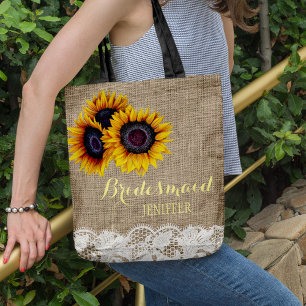 Rustic sunflowers burlap lace wedding bridesmaid tote bag