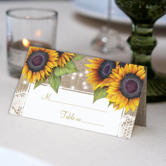 Rustic sunflowers burlap lace wedding table place place card (Creator Uploaded)