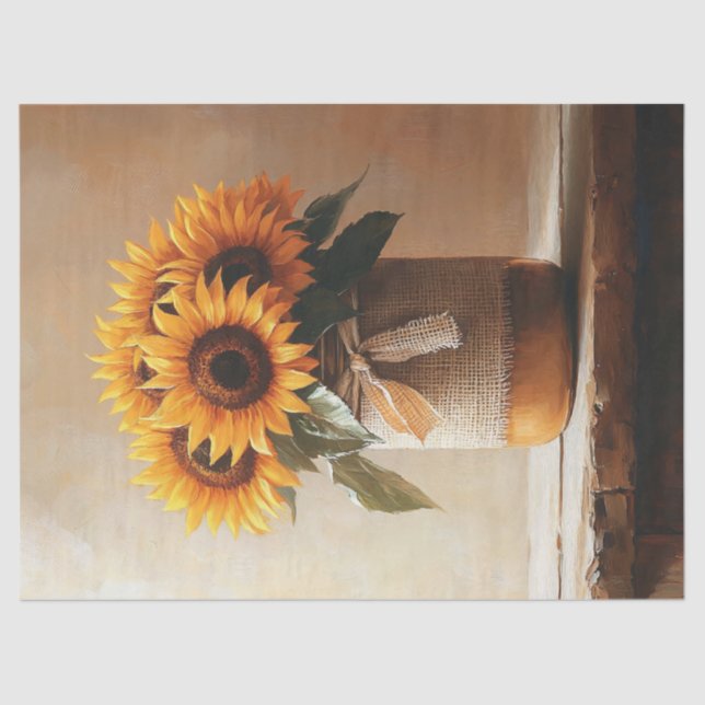 Rustic Sunflowers Burlap Mason Jar Decoupage Tissue Paper (Front)