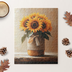 Rustic Sunflowers Burlap Mason Jar Jigsaw Puzzle