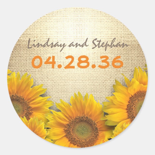 Rustic Sunflowers Burlap Wedding Classic Round Sticker (Front)