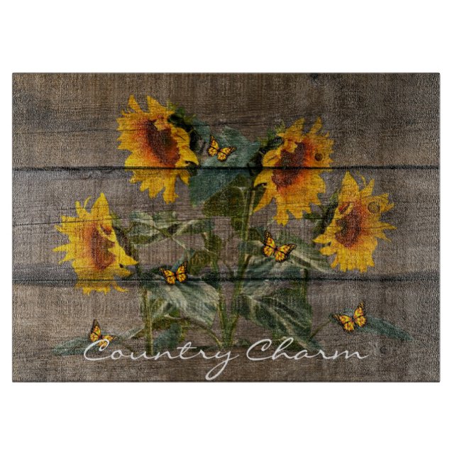 Rustic Sunflowers Butterflies Barn Board (Front)