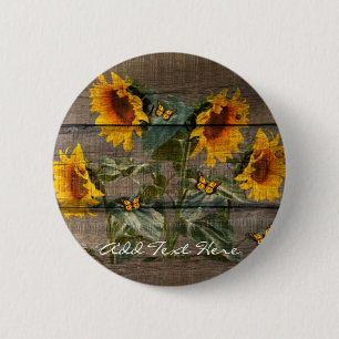 Rustic Sunflowers Butterflies Barn Board 6 Cm Round Badge