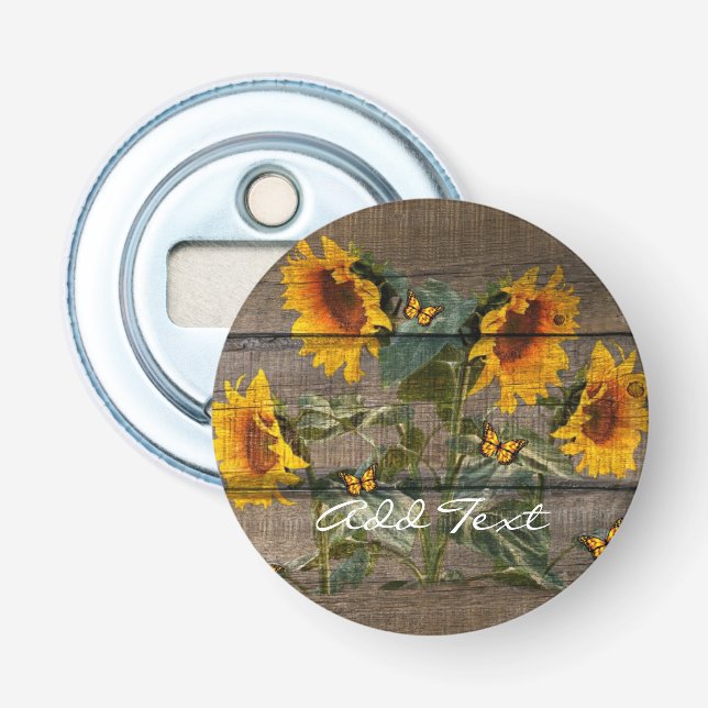 Rustic Sunflowers Butterflies Barn Board Bottle Opener (Front)