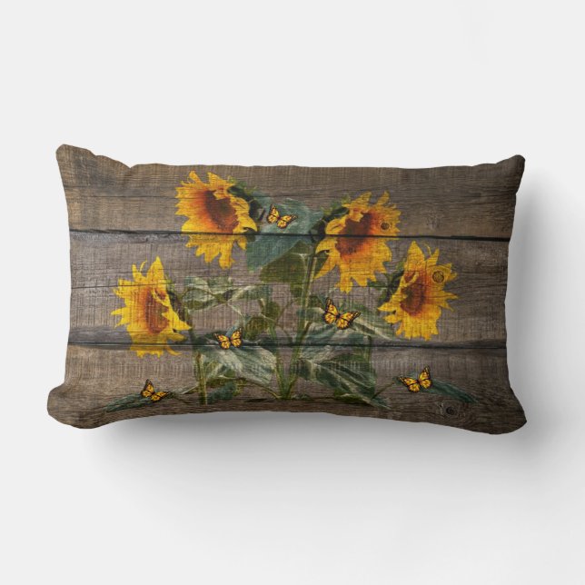 Rustic Sunflowers Butterflies Barn Board Lumbar Cushion (Front)