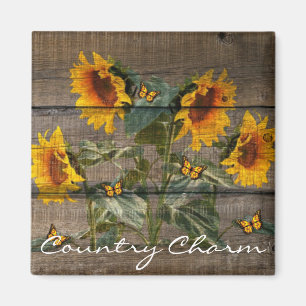 Rustic Sunflowers Butterflies Barn Board Magnet