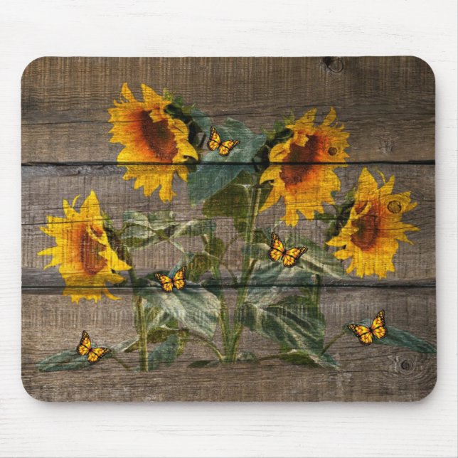 Rustic Sunflowers Butterflies Barn Board Mouse Mat (Front)
