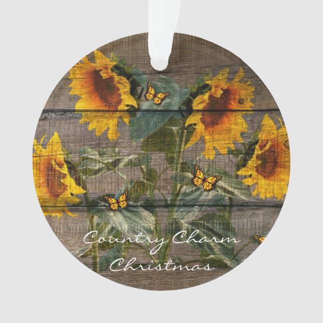 Rustic Sunflowers Butterflies Barn Board Ornament (Front)