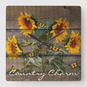 Rustic Sunflowers Butterflies Barn Board Square Wall Clock