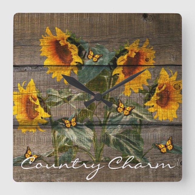 Rustic Sunflowers Butterflies Barn Board Square Wall Clock (Front)