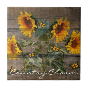 Rustic Sunflowers Butterflies Barn Board Tile