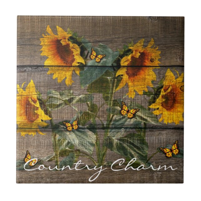 Rustic Sunflowers Butterflies Barn Board Tile (Front)