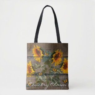 Rustic Sunflowers Butterflies Barn Board Tote Bag
