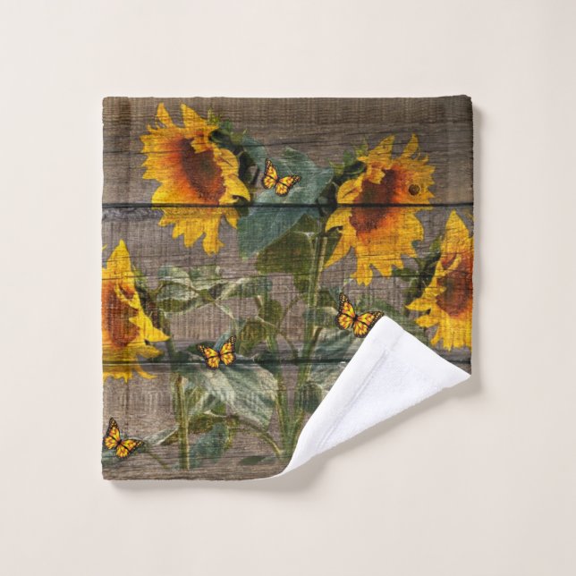 Rustic Sunflowers Butterflies Barn Board Wash Cloth (Wash Cloth)
