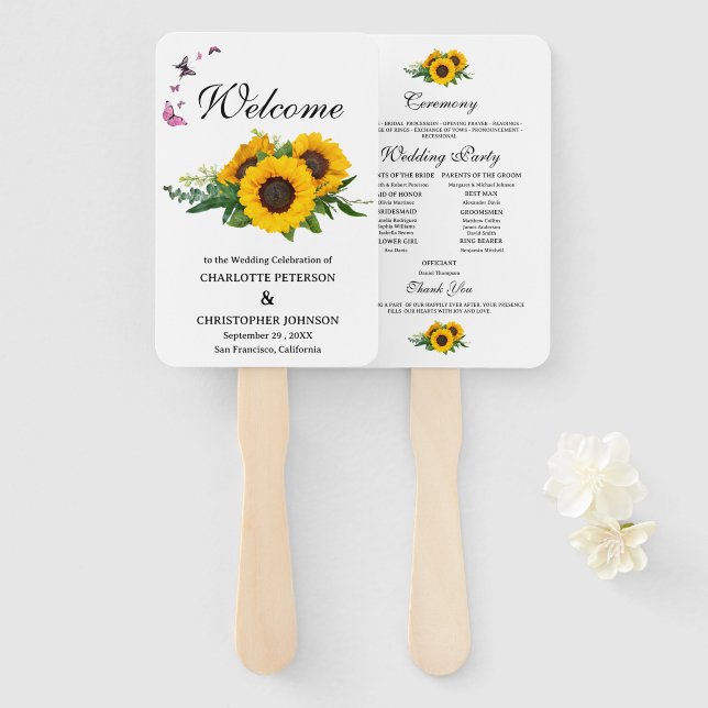 Rustic Sunflowers & Butterfly Wedding Program  Hand Fan (Front and Back)