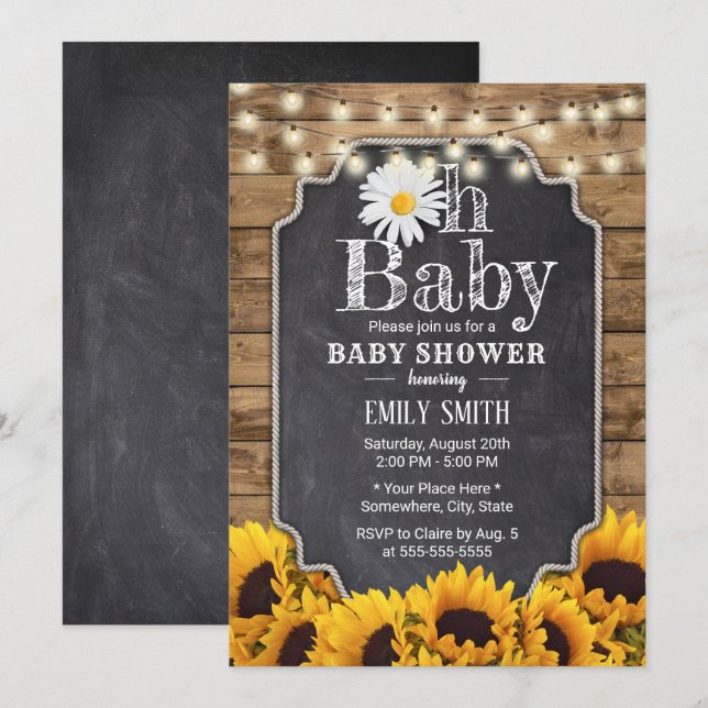 Rustic Sunflowers Chalkboard Daisy Baby Shower Invitation (Front/Back)