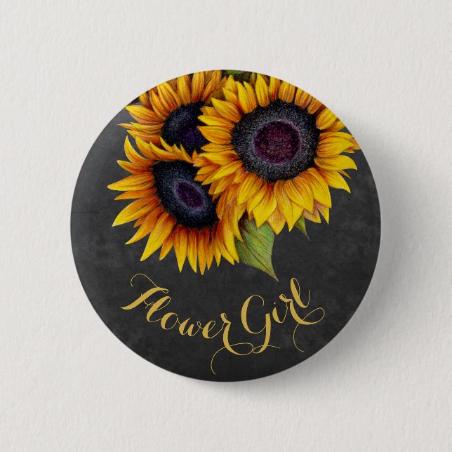 Rustic sunflowers chalkboard flower girl 6 cm round badge (Front)