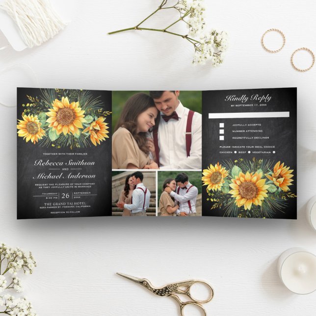 Rustic Sunflowers Chalkboard Photo Collage Wedding Tri-Fold Invitation (Creator Uploaded)