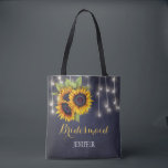 Rustic sunflowers chalkboard wedding bridesmaid tote bag<br><div class="desc">Rustic elegant fall wedding stylish bridesmaid / maid of honour / flower girl tote bag on dark midnight navy blue chalkboard featuring beautiful yellow gold sunflowers bouquets and strings of twinkle lights. Personalise it with bridesmaid's name on front and with bride's and groom's names and wedding date on the back....</div>