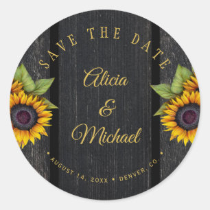 Rustic sunflowers chic barn wood wedding save date classic round sticker