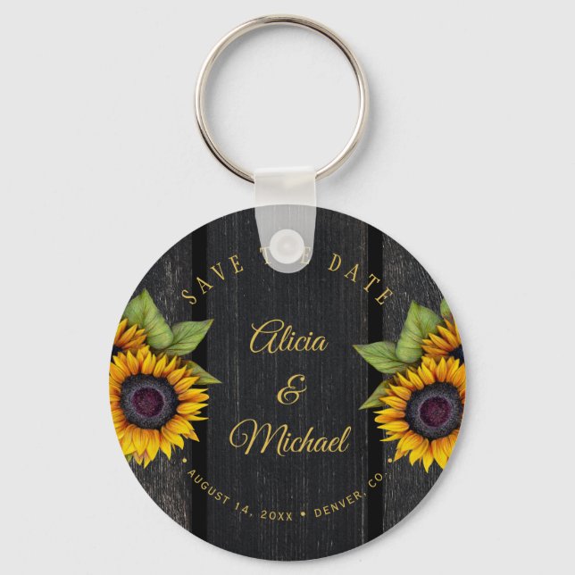 Rustic sunflowers chic barn wood wedding save date key ring (Front)