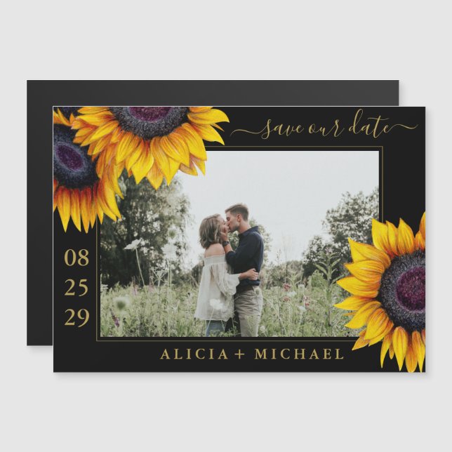 Rustic sunflowers chic script save date wedding magnetic invitation (Front/Back)