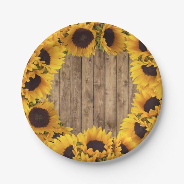 Rustic Sunflowers Country Wooden Stripes Paper Plate (Front)