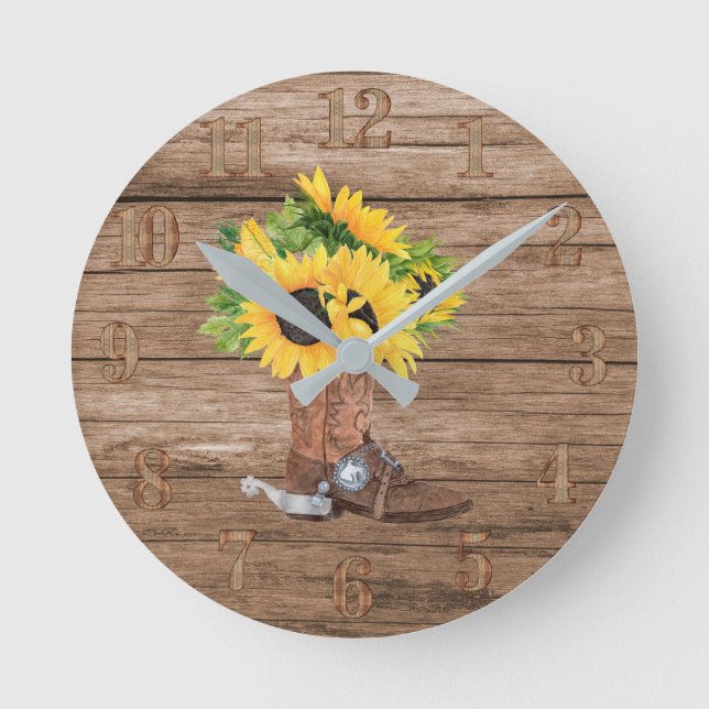 Rustic Sunflowers Cowboy Boot Wood Southern Living Round Clock (Front)