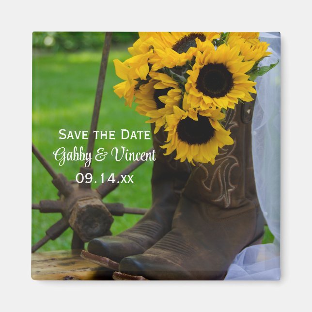 Rustic Sunflowers Cowboy Boots Save the Date Magnet (Front)