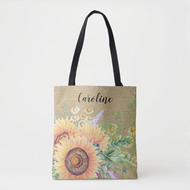 Rustic Sunflowers | Custom Name Wedding Favour Tote Bag (Front)