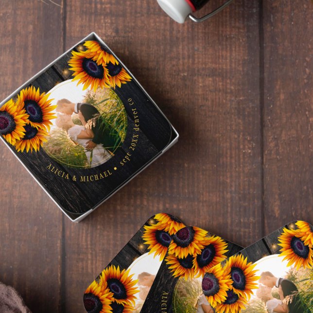 Rustic sunflowers custom photo wedding favour coaster (Creator Uploaded)