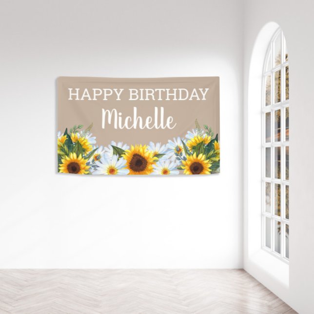 Rustic Sunflowers Daisies Happy Birthday Name Banner (Creator Uploaded)