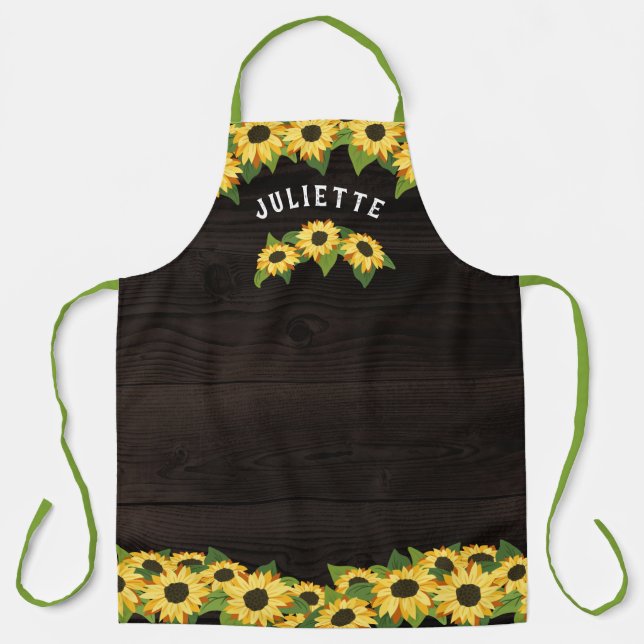 Rustic Sunflowers & Dark Wood Add Name Apron (Front)