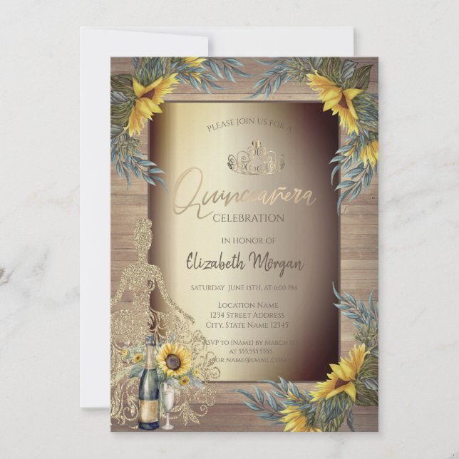 Rustic Sunflowers Dress Wood Quinceañera Invitation (Front)