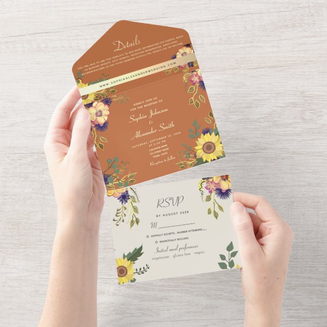 Rustic Sunflowers Elegant Floral Wedding All In One Invitation (Tearaway)