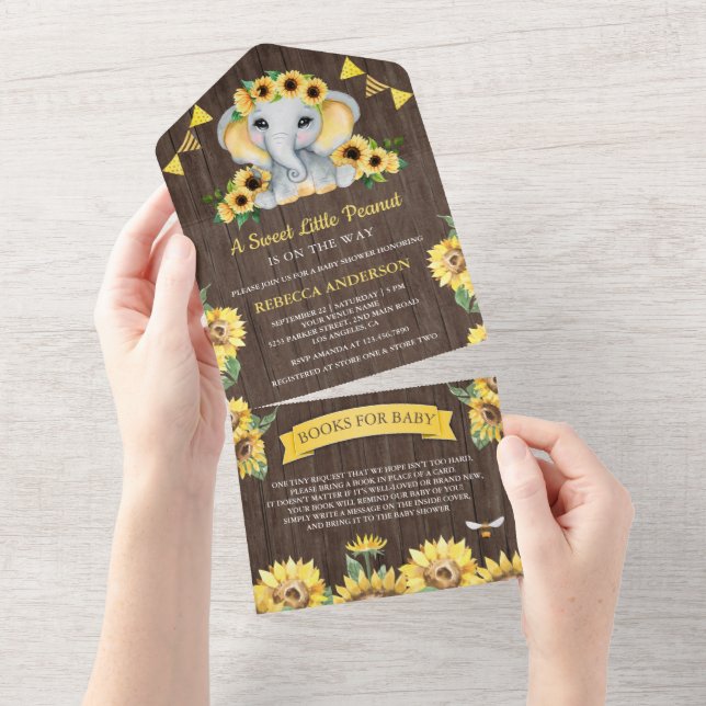Rustic Sunflowers Elephant Barn Wood Baby Shower All In One Invitation (Tearaway)