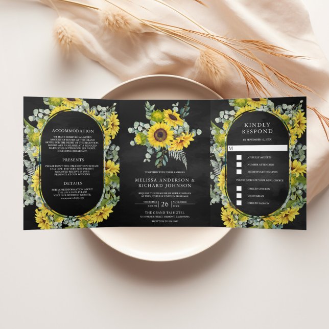 Rustic Sunflowers Eucalyptus 3 in 1 Black Wedding Tri-Fold Invitation (Creator Uploaded)
