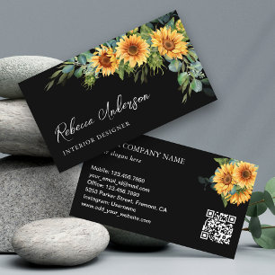 Rustic Sunflowers Eucalyptus Black QR Code Business Card