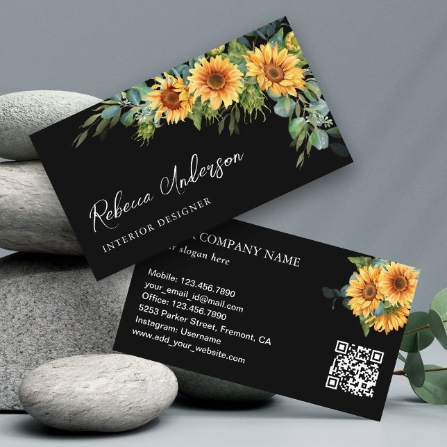 Rustic Sunflowers Eucalyptus Black QR Code Business Card (Creator Uploaded)