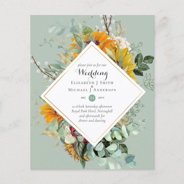 Rustic Sunflowers Eucalyptus Greenery Wedding Inv. Flyer (Front)