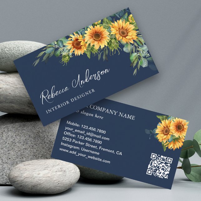 Rustic Sunflowers Eucalyptus Navy Blue QR Code Business Card (Creator Uploaded)