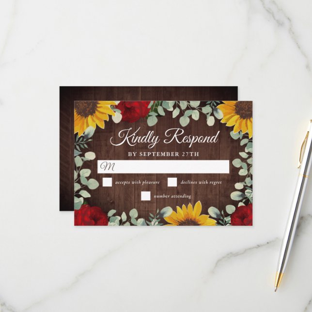 Rustic Sunflowers Eucalyptus Red Roses Wedding RSVP Card (Front/Back In Situ)